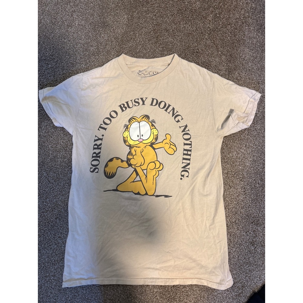 Garfield Graphic Tee Mens Small Tan Excellent Sorry Too Busy Doing Nothing Shirt